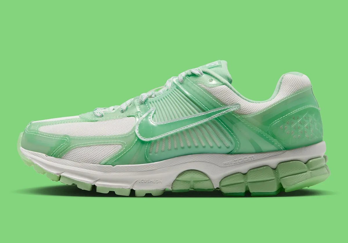 Nike Vomero 5 and P-6000 Jelly Pack with translucent TPU uppers in complementary green and pink colorways - detail view 1