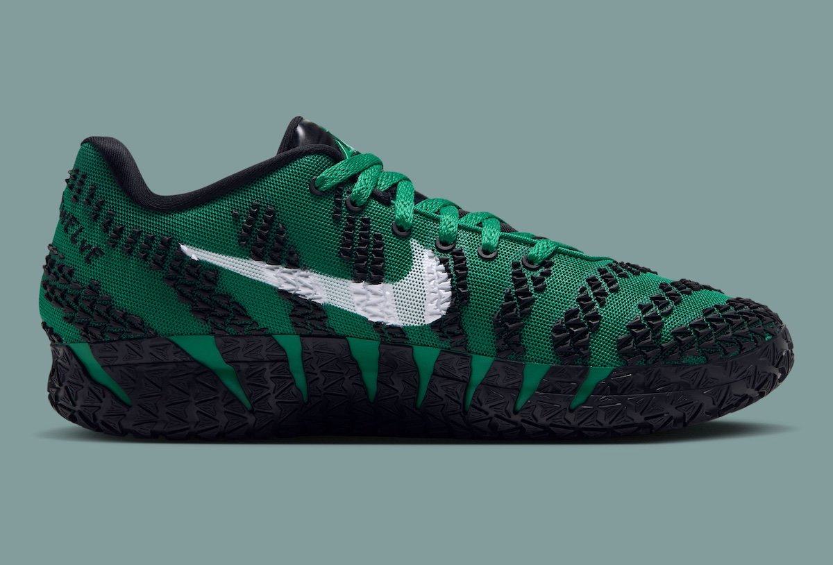 Nike Ja 3 'Garden' in malachite green with white Swoosh and oversized lateral A branding, inspired by Ja Morant's Madison Square Garden player-exclusive - detail view 4