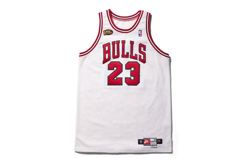 Michael Jordan's white 1998 NBA Finals Game 3 game-worn jersey with 1998 NBA Finals embroidered patch, offered at auction via JOOPITER