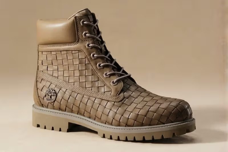 Timberland 6-Inch Premium Woven Boot in Olive with interlocking woven leather pattern - detail view 3
