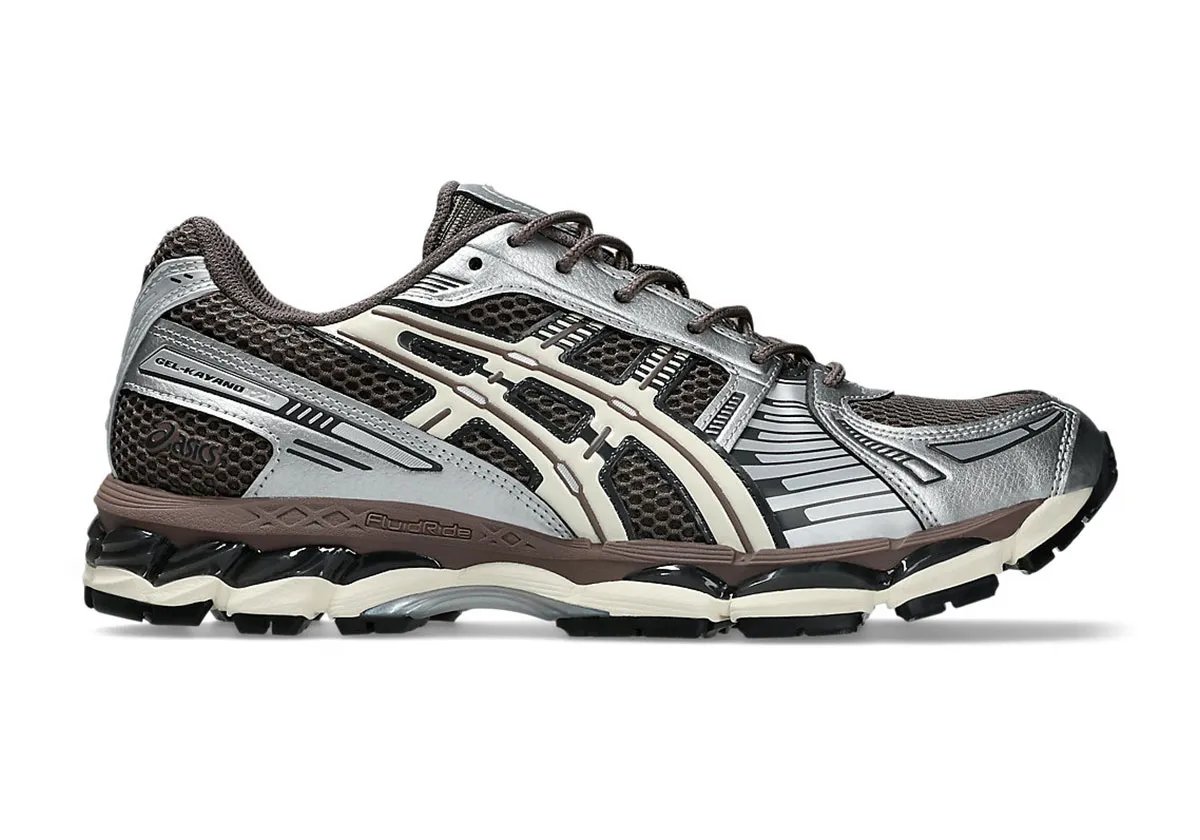 ASICS GEL-Kayano 12.1 Chocolate with brown mesh upper, silver overlays, and off-white sole unit - detail view 1