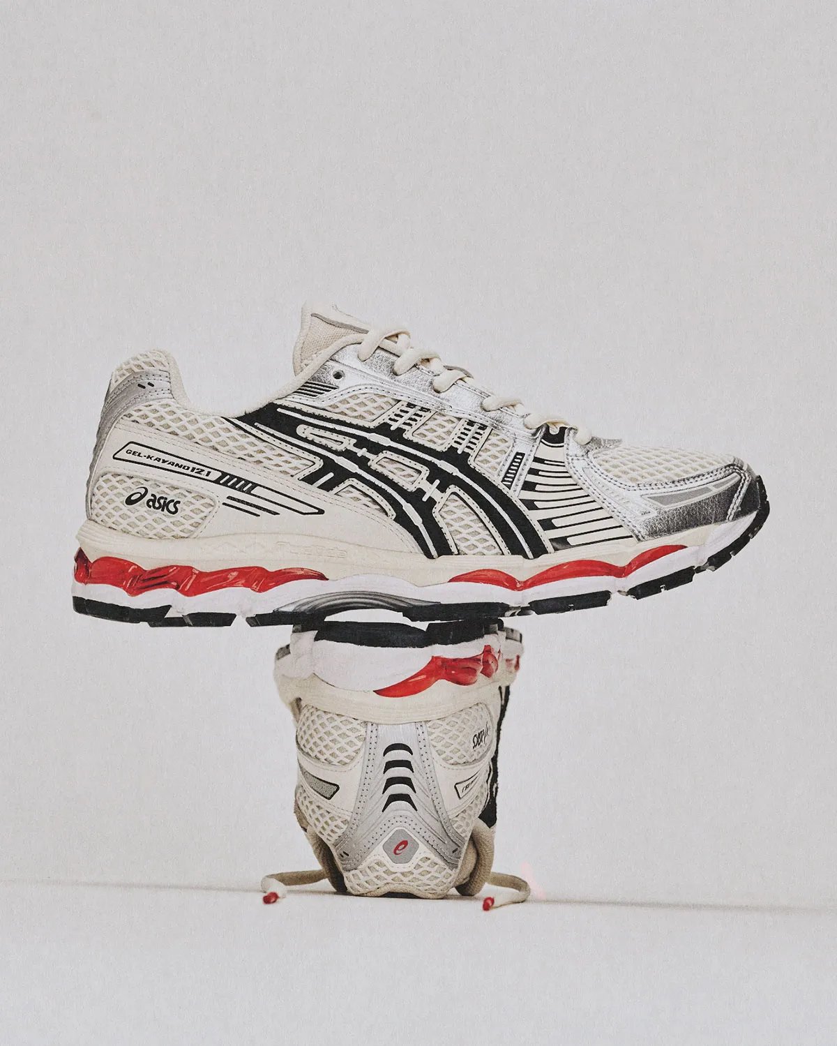 Lapstone & Hammer x ASICS GEL-Kayano 12.1 'The Spark' with diamond knit mesh upper, metallic silver and cream leather panels, and red midsole accents - detail view 2