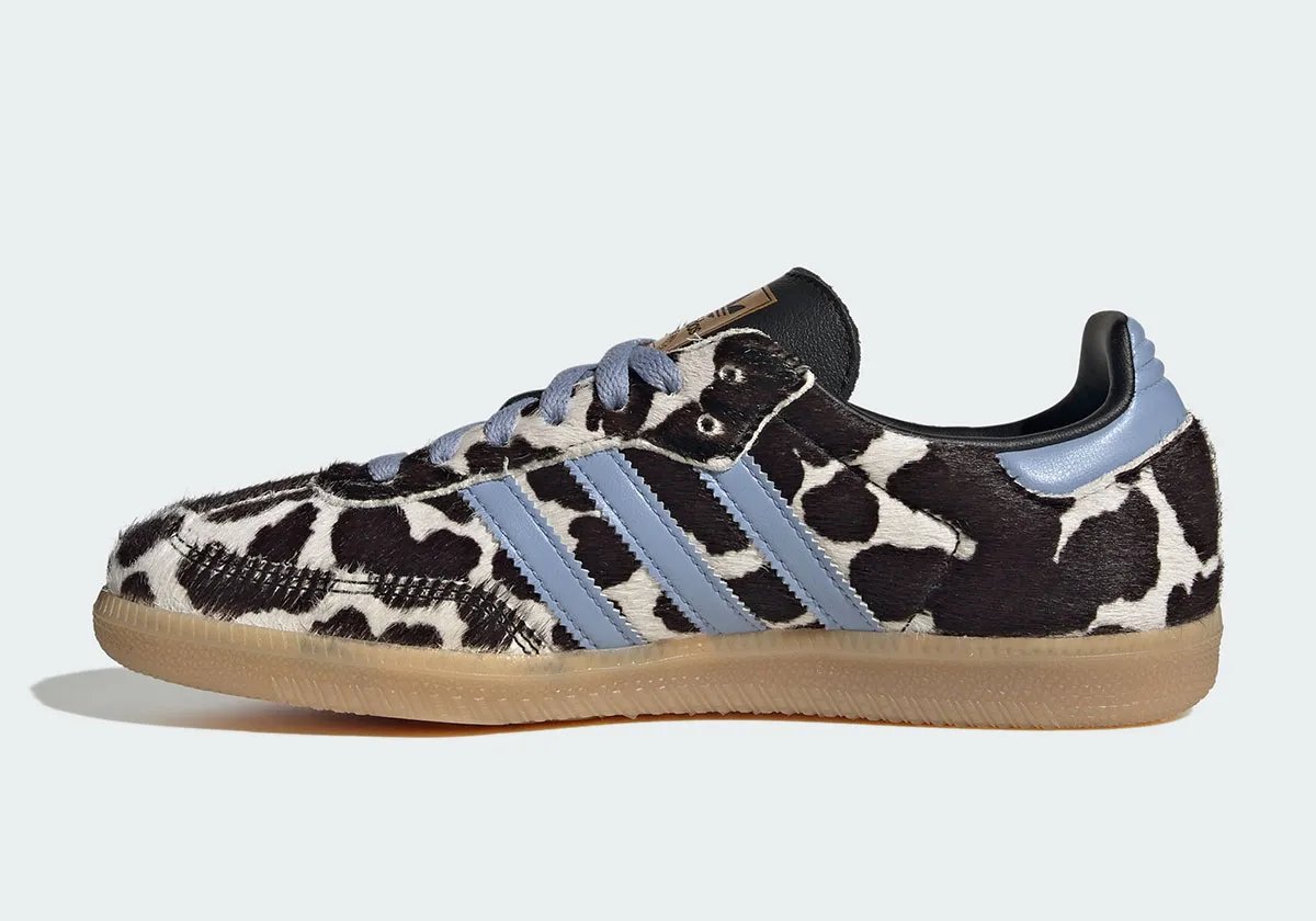 adidas Samba Cow Print in white pony hair with black spots and light blue accents, women's sizing - detail view 2