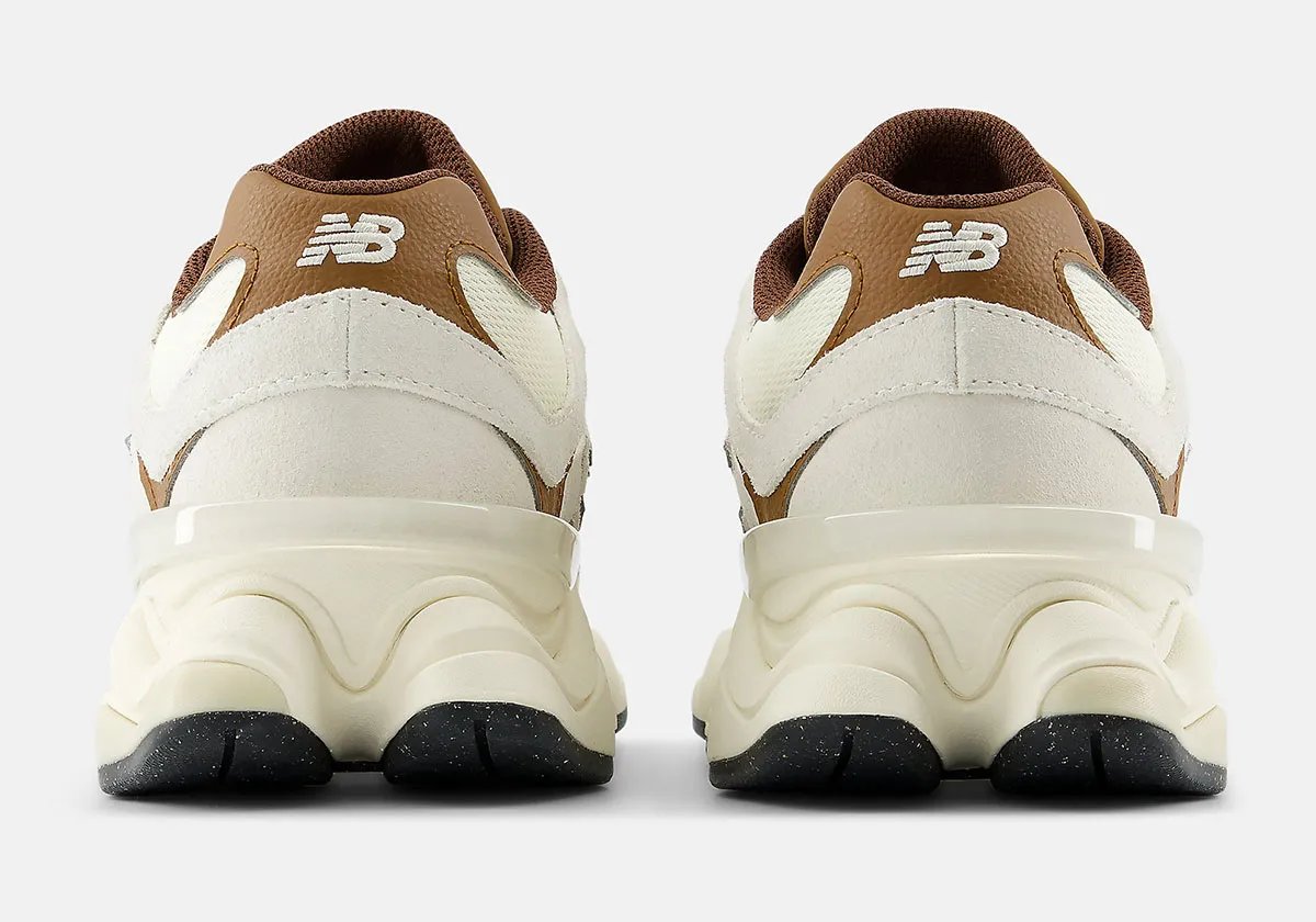 New Balance 9060 in Breakfast Tea/Angora colorway, featuring off-white uppers with sparrow brown accents on heel tab and tongue - detail view 3