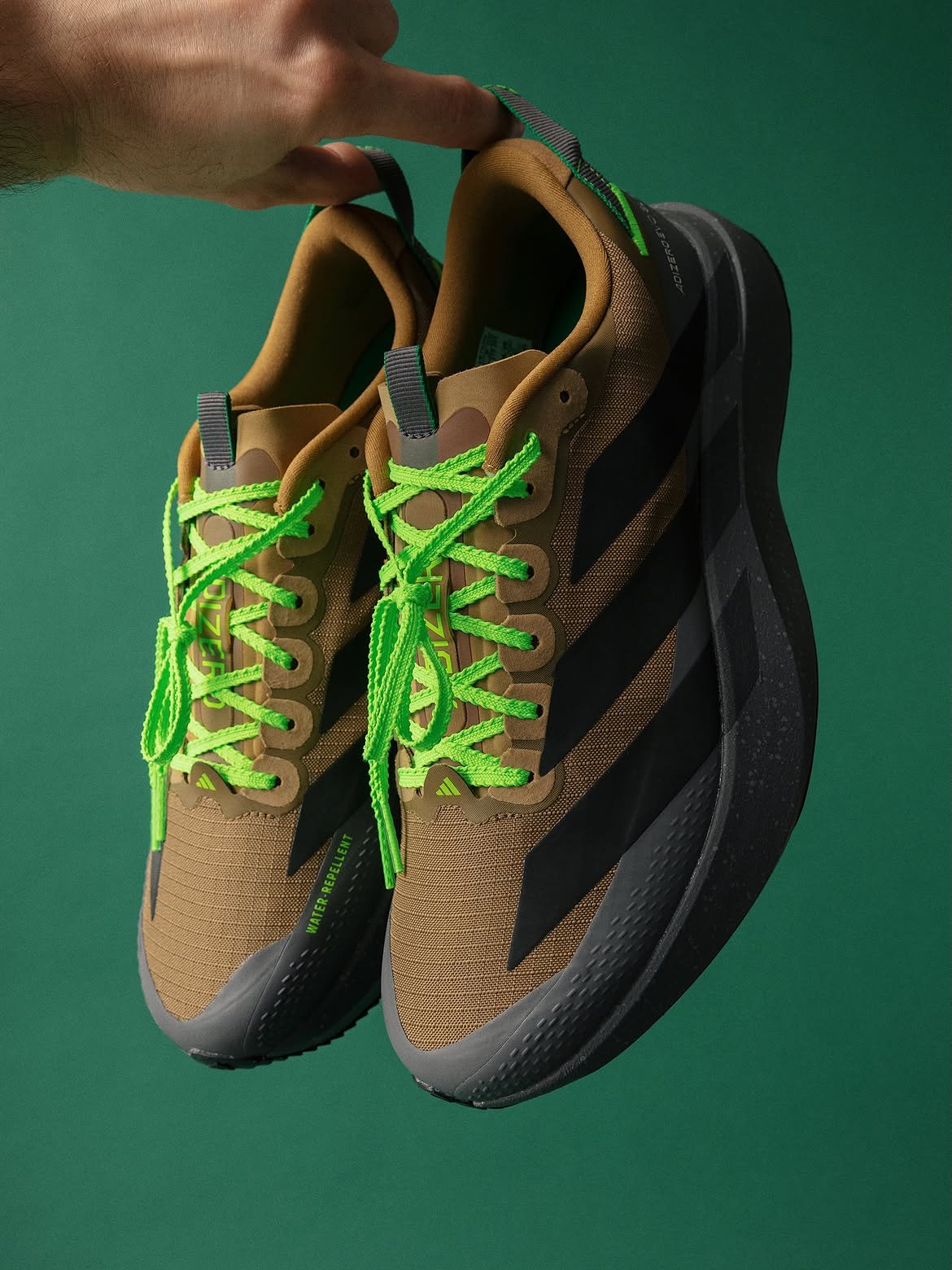 Up There Athletics x adidas Adizero Evo SL ATR in brown ripstop with grey accents and bright green trim detail - detail view 2