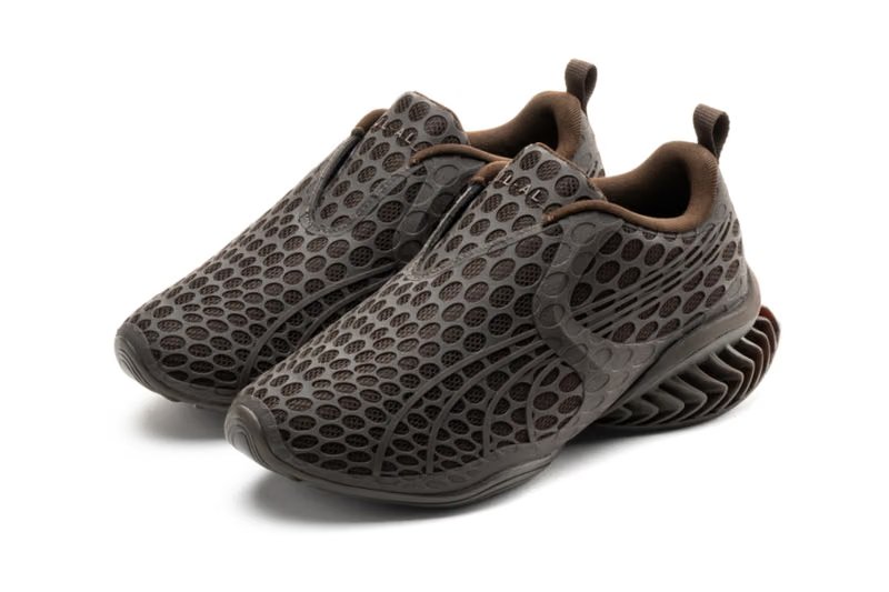 Puma x _J.L-A.L CELL GEO 1 CAGE JL-AL in dark brown and white, featuring geometric 3D TPU cage overlay on breathable mesh upper - detail view 4