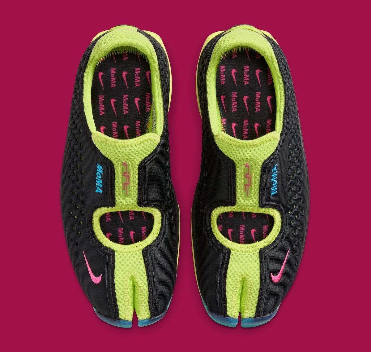 Nike Air Rift x MoMA collaboration sneaker in green-and-pink colorway, featuring split-toe design and museum branding on lace panel - detail view 5