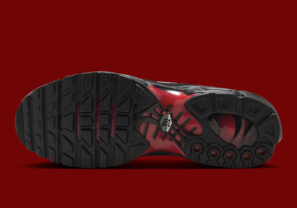 Nike Air Max Plus Flairemax in black with red flame graphic, metallic silver Swoosh, and metal lace tips - detail view 3