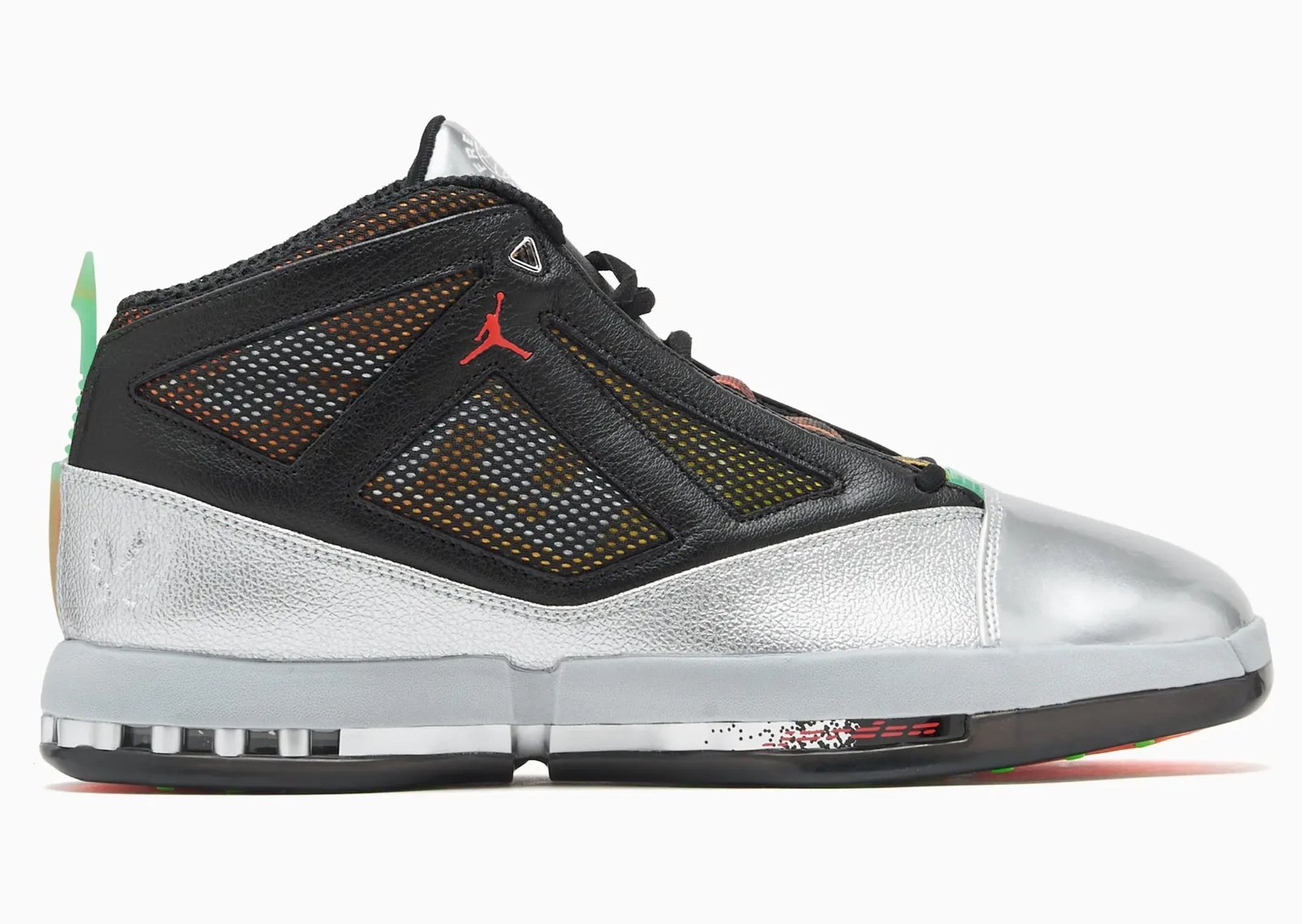 Free The Youth x Air Jordan 16 Retro with silver base, metallic chrome toebox, orange accents, and removable eagle-printed sheath - detail view 5