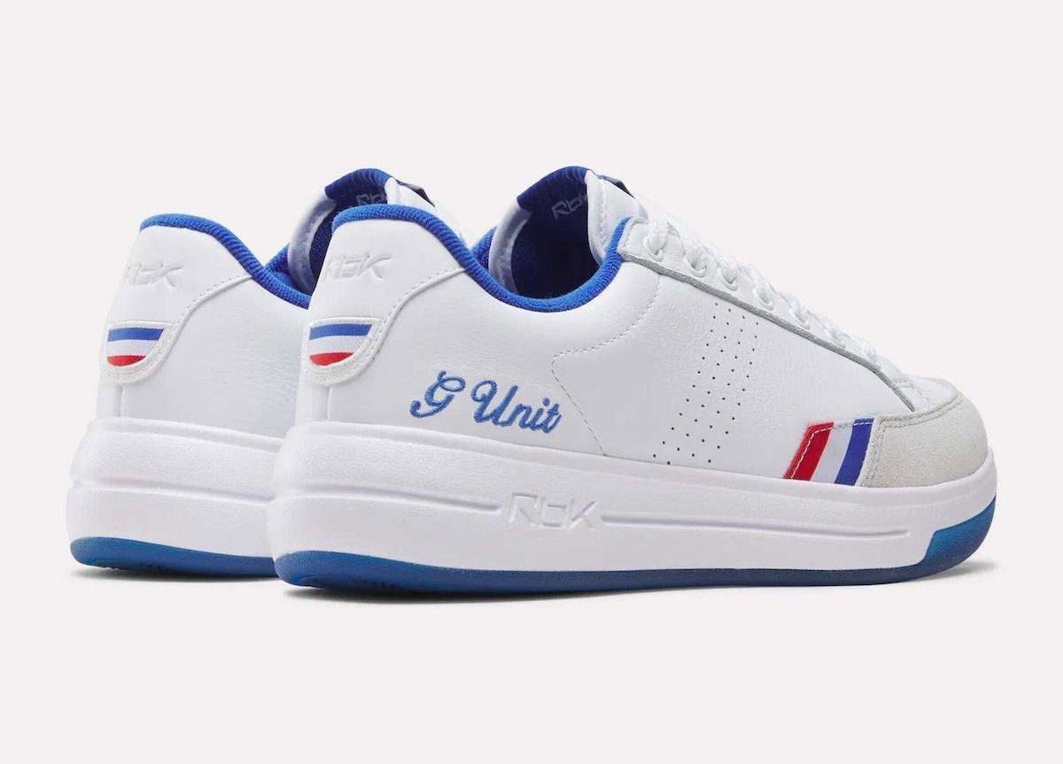 Reebok G-Unit G6 retro sneaker in white leather with light grey suede toe and royal blue accents, releasing August 2026 - detail view 5
