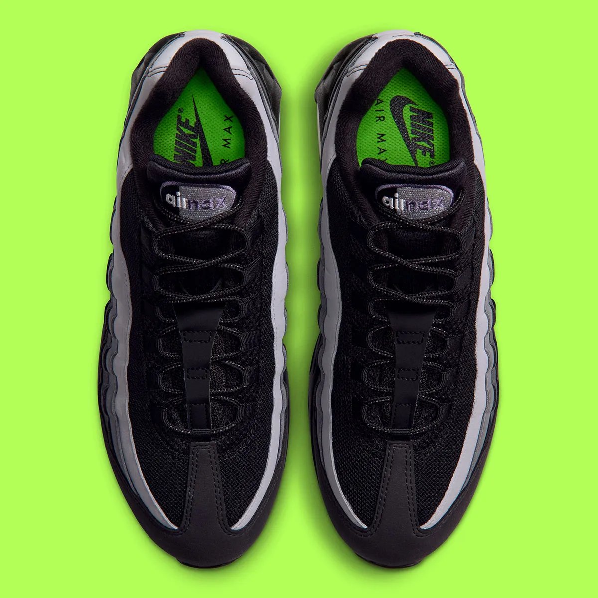 Nike Air Max 95 Joker colorway in Canyon Purple and villain green, featuring jewel-tone Swoosh and grey side panels - detail view 4