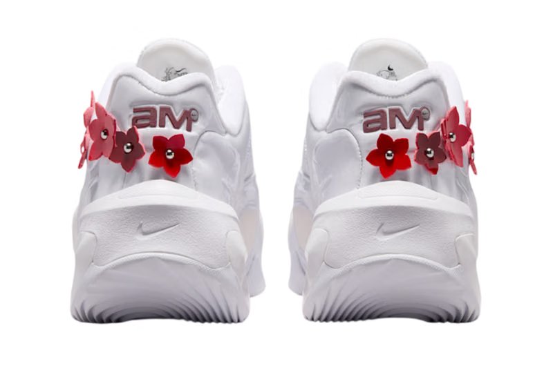 Nike Air Max Muse Floral Pack in white leather with metallic silver beaded flower hardware at the heel - detail view 5