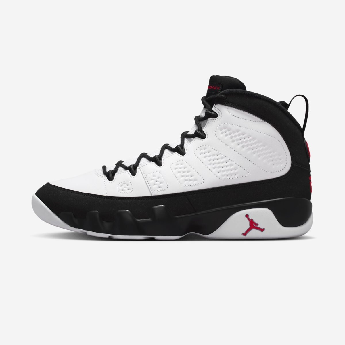 Air Jordan 9 OG Space Jam in White, True Red, and Black colorway with updated OG mold and Tune Squad packaging - detail view 2