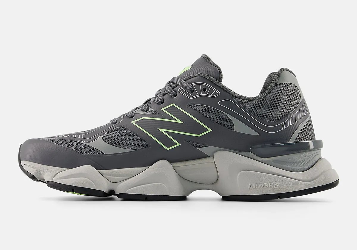 New Balance 9060Z in night vision-inspired colorway showing asymmetrical collar and mixed textile upper - detail view 2