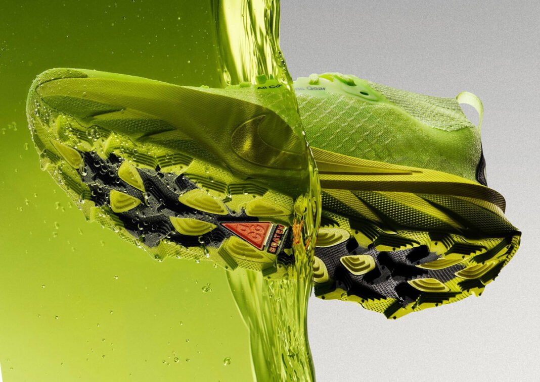 Nike ACG Picklejus trail running shoe in acid green colorway with dual-foam ZoomX midsole and GOATEK outsole, engineered for 100-mile mountain races