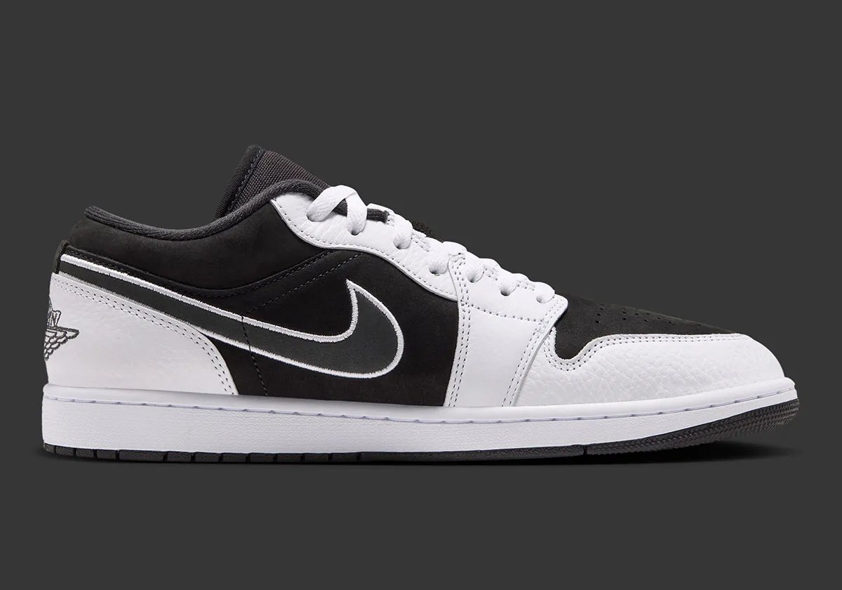 Air Jordan 1 Low SE in black suede and white pebbled leather, shown from multiple angles with white midsole and black outsole - detail view 3