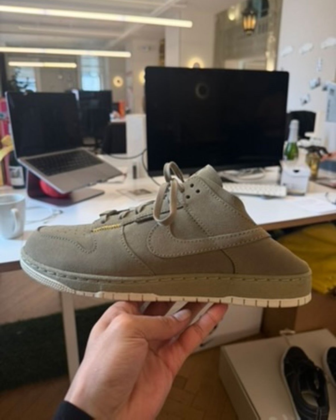 Union LA x Nike Dunk Low 'Bamboo' in olive suede with exposed stitching and folding heel detail - detail view 3