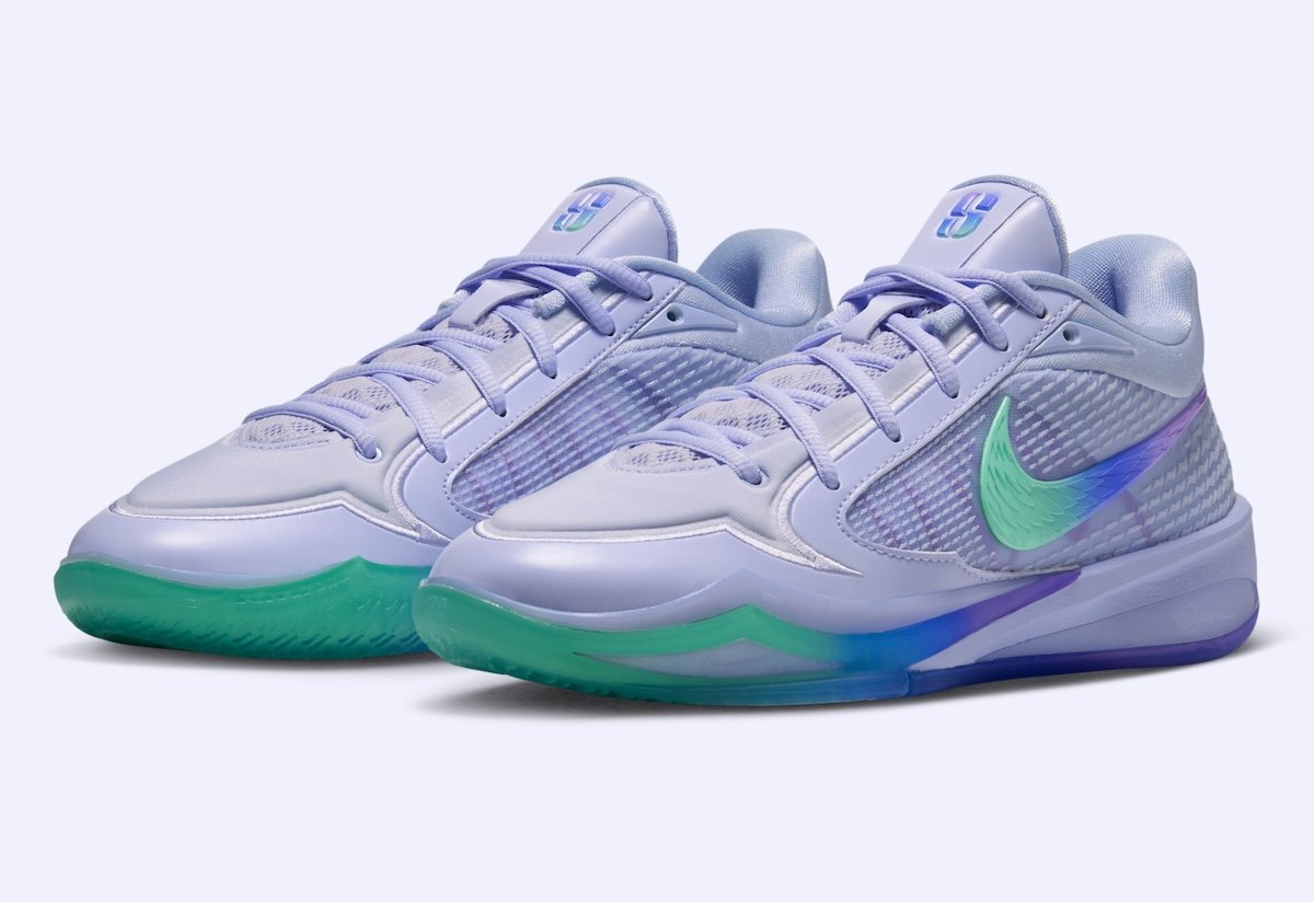 Nike Sabrina 4 Superstition in pale purple with gradient green-to-blue Swoosh, releasing September 9, 2026 - detail view 2