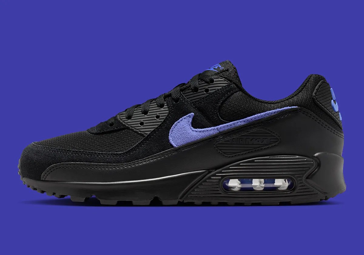 Nike Air Max 90 in Black/Sapphire colorway, showing visible Air Unit and side profile - detail view 1