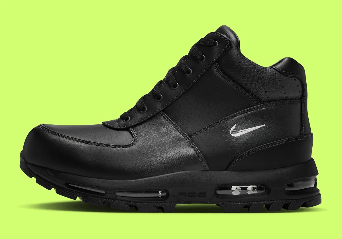 Nike Air Max Goadome in Black/Volt colorway with distressed Swoosh and neon green outsole accent - detail view 1