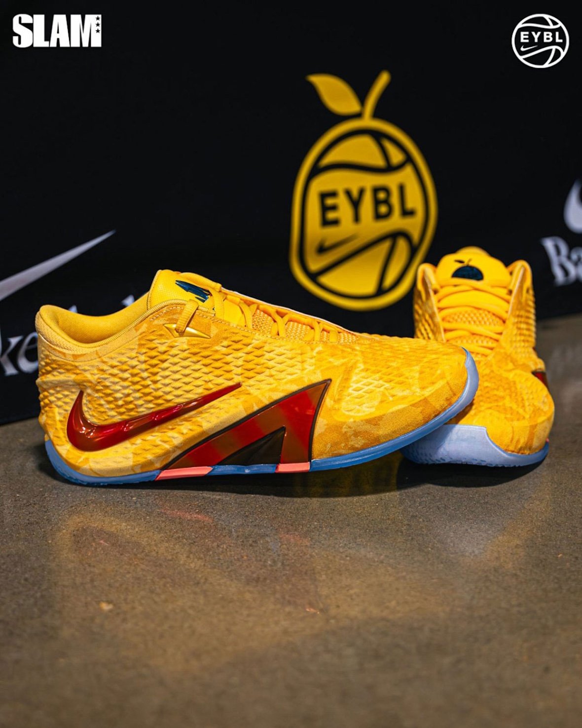 Nike Ja 4 EYBL Peach Jam PE in peach-yellow with metallic red Swoosh and icy blue sole, exclusive player edition for Peach Jam tournament - detail view 2