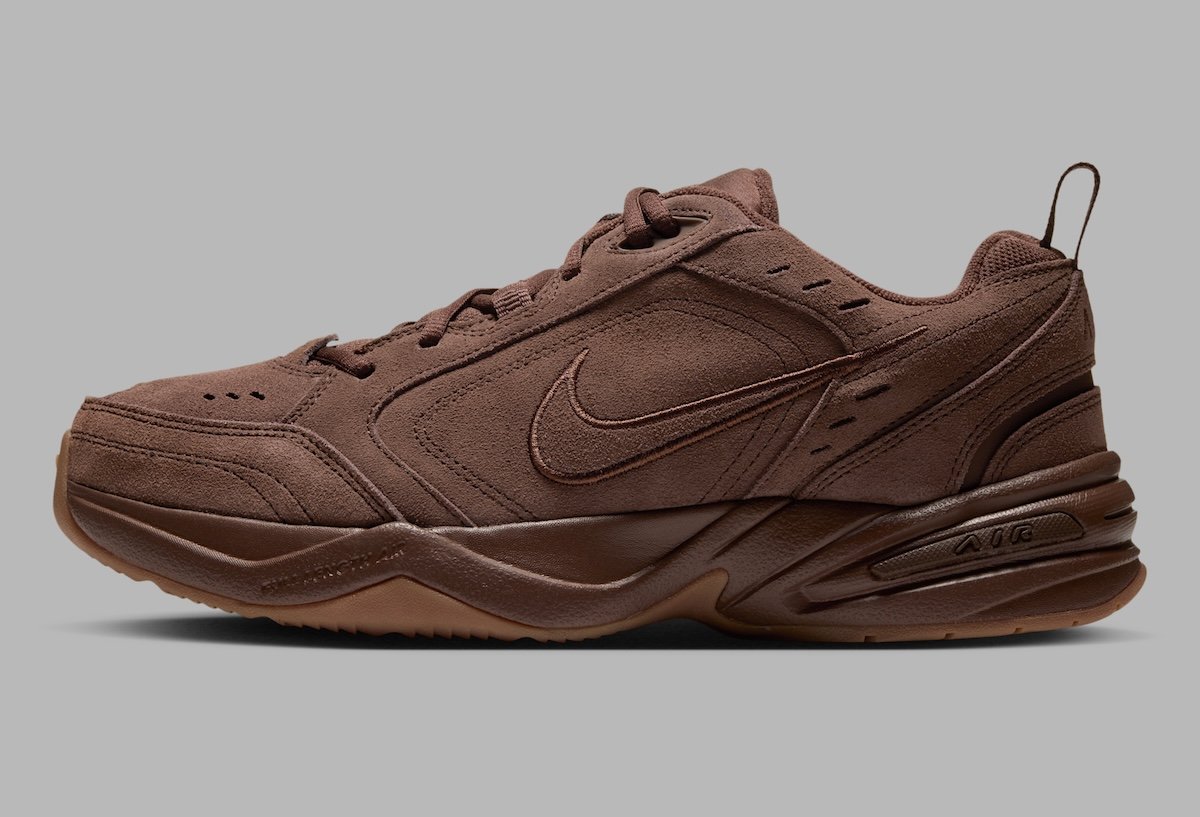 Nike Air Monarch Suede Pack in Cacao Wow and Black colorways with Gum Medium Brown outsoles, Holiday 2026 release - detail view 3