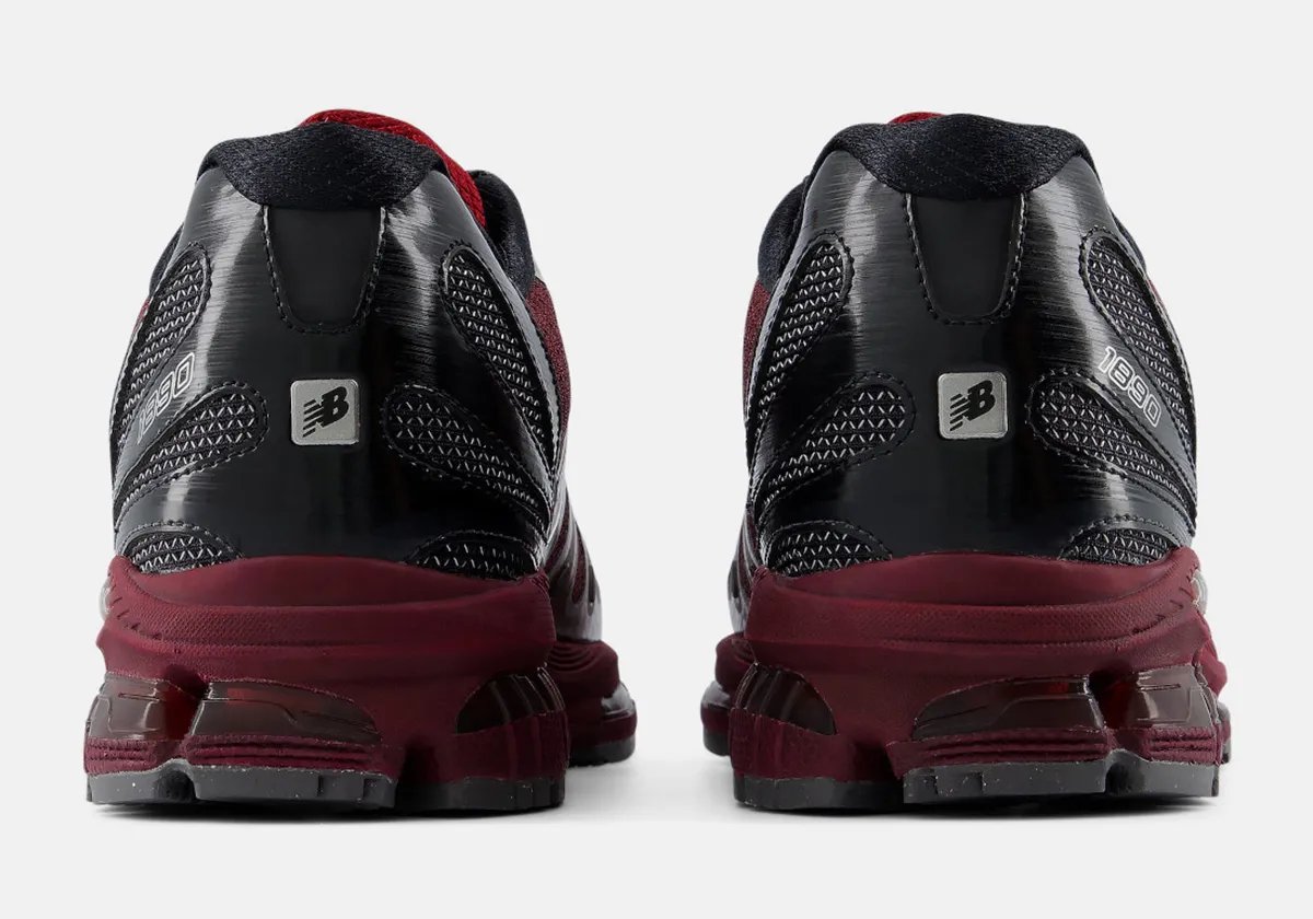 New Balance 1890 Burgundy colorway with jet black heel cage and collar accents - detail view 3