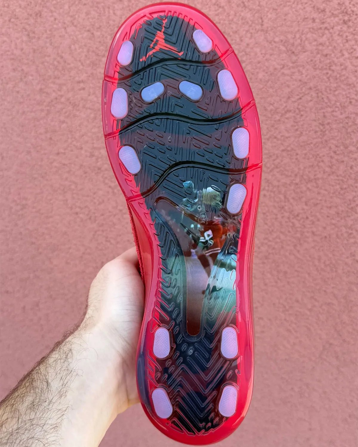 Air Jordan Cryoshot Mercurial Vapor 1 in red leather with iridescent silver heel, inspired by Ronaldo's 2002 World Cup boots - detail view 2