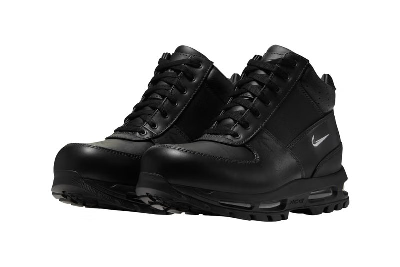 Nike Air Max Goadome in Black/Anthracite-Volt colorway showing tonal leather upper with visible Air cushioning units and Volt ACG badge on sole - detail view 2