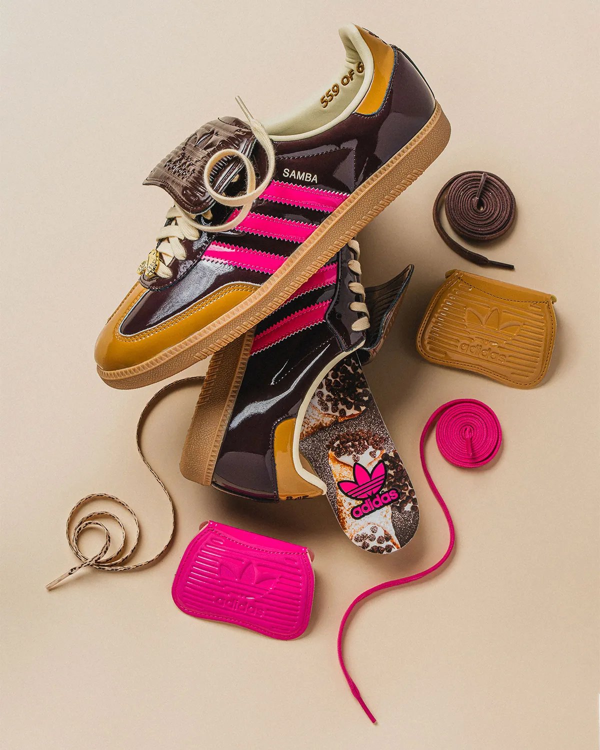 Asphalt x adidas Samba Cannoli in wheat patent leather with brown base and interchangeable pink, wheat, and brown tongue covers