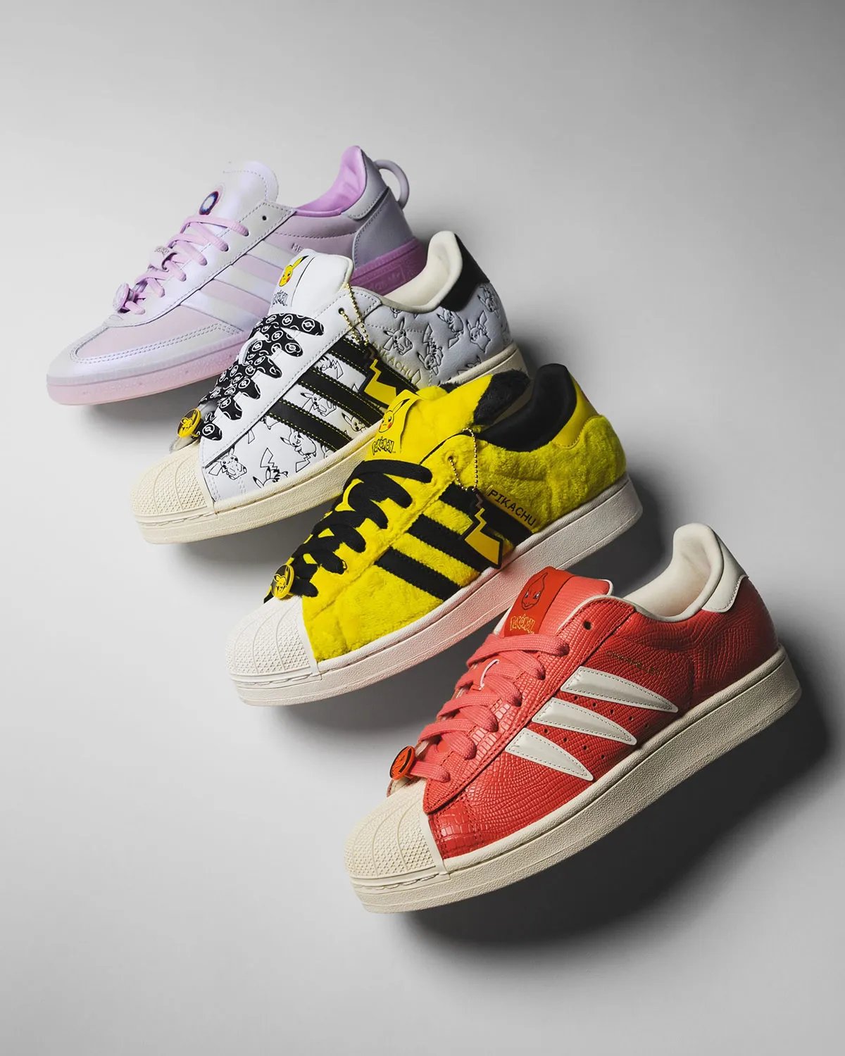 adidas Pokemon 30th Anniversary Collection featuring multiple Pokémon characters across Superstar and Adistar silhouettes - detail view 2