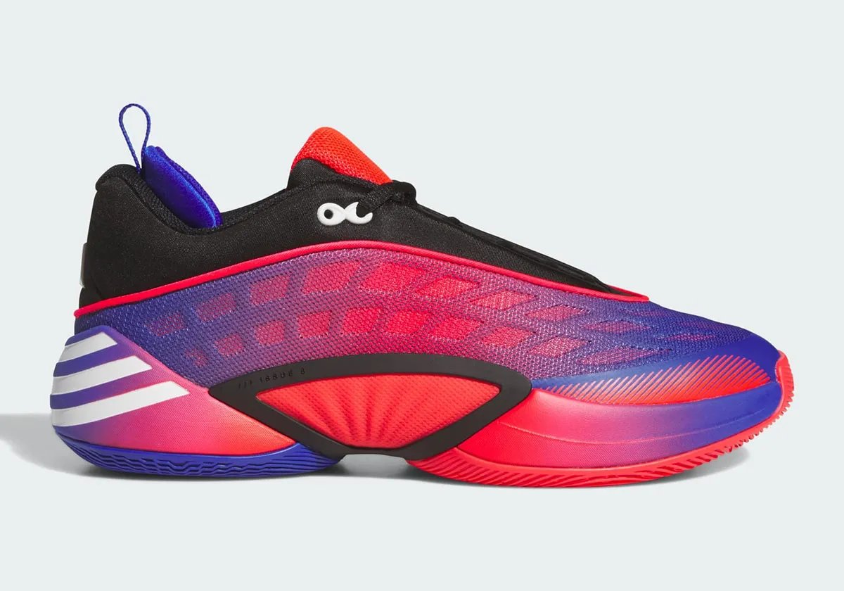 adidas DON Issue 8 Spider-Man colorway featuring webbed overlay design with blue-to-red and red-to-blue gradients on black and white base - detail view 2