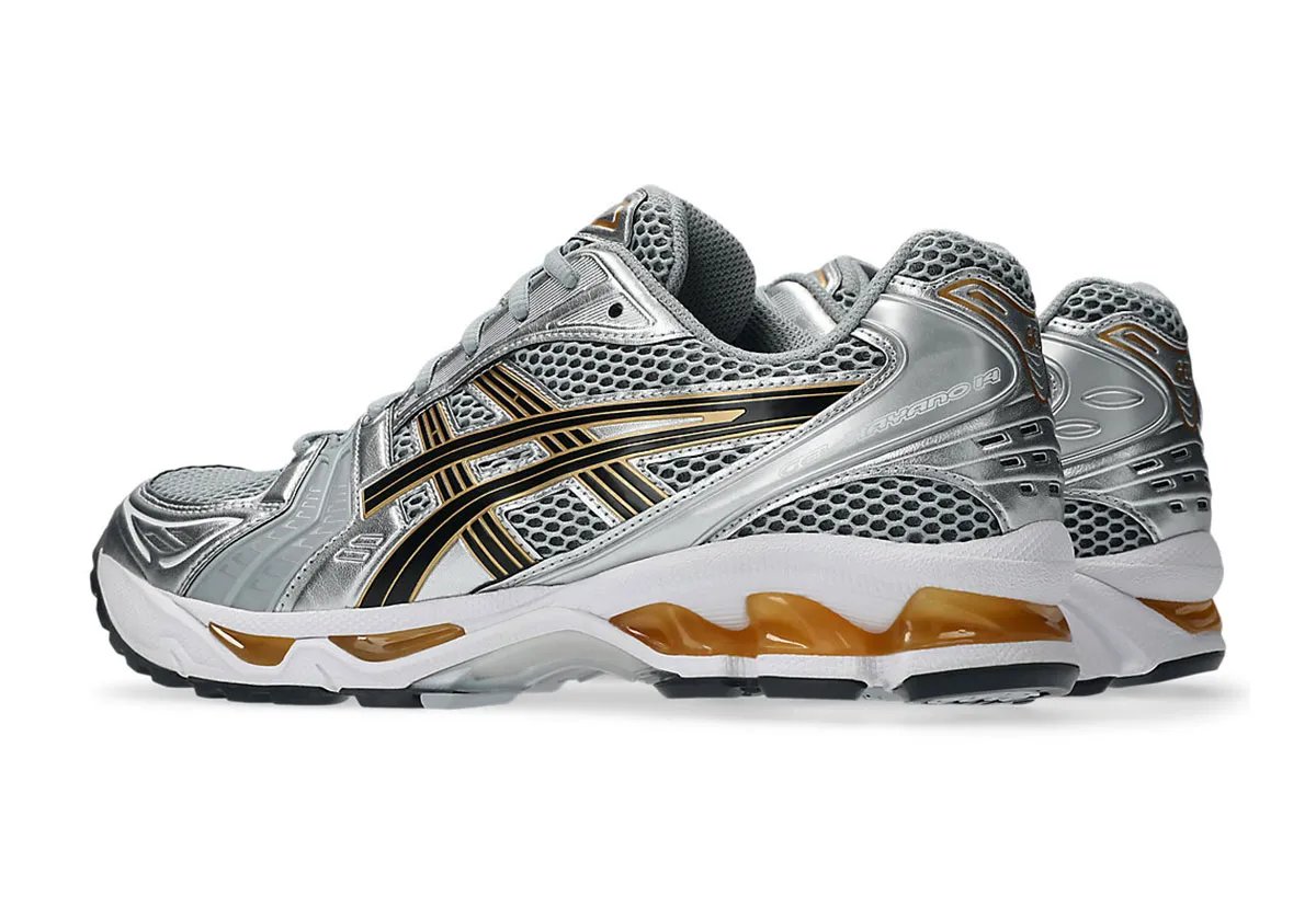 ASICS GEL-Kayano 14 in Silver and Gold colorway with mesh upper and gold GEL pod detailing - detail view 1