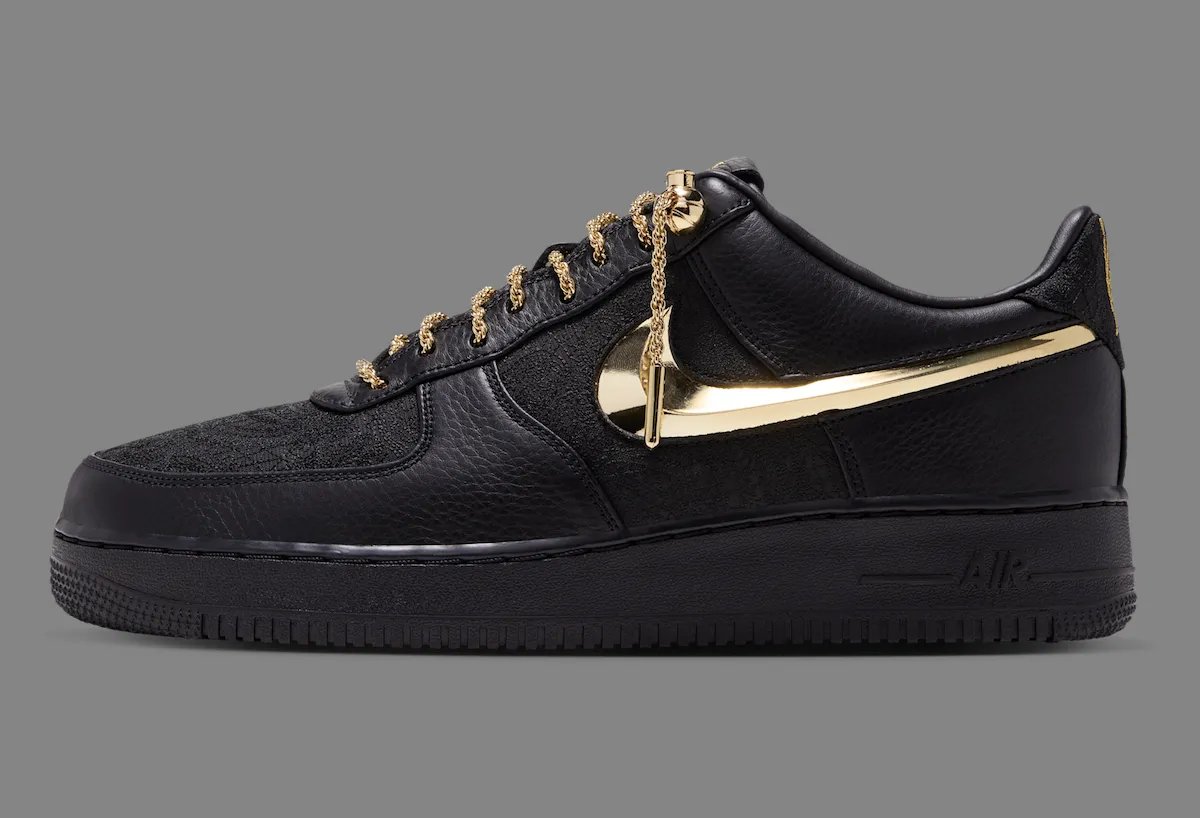 Victor Solomon x Nike Air Force 1 Low Trophies Black with metallic gold Swoosh and chain-style laces - detail view 3
