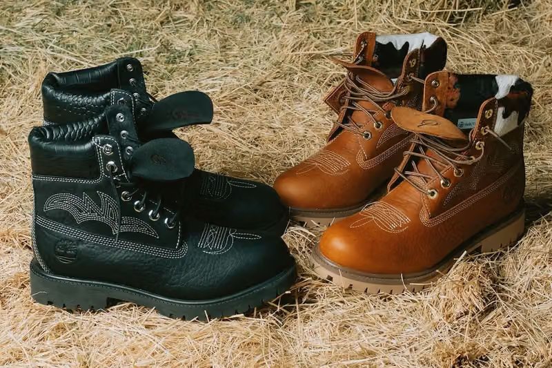 Sneaker Politics x Timberland 6-Inch Boot collaboration featuring black Outlaw and brown cow-print Rodeo colorways