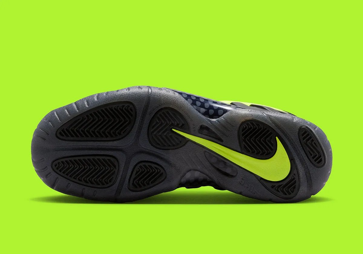 Nike Little Posite Pro Voltage in black with neon Voltage Swoosh, grade school release May 2026 - detail view 2