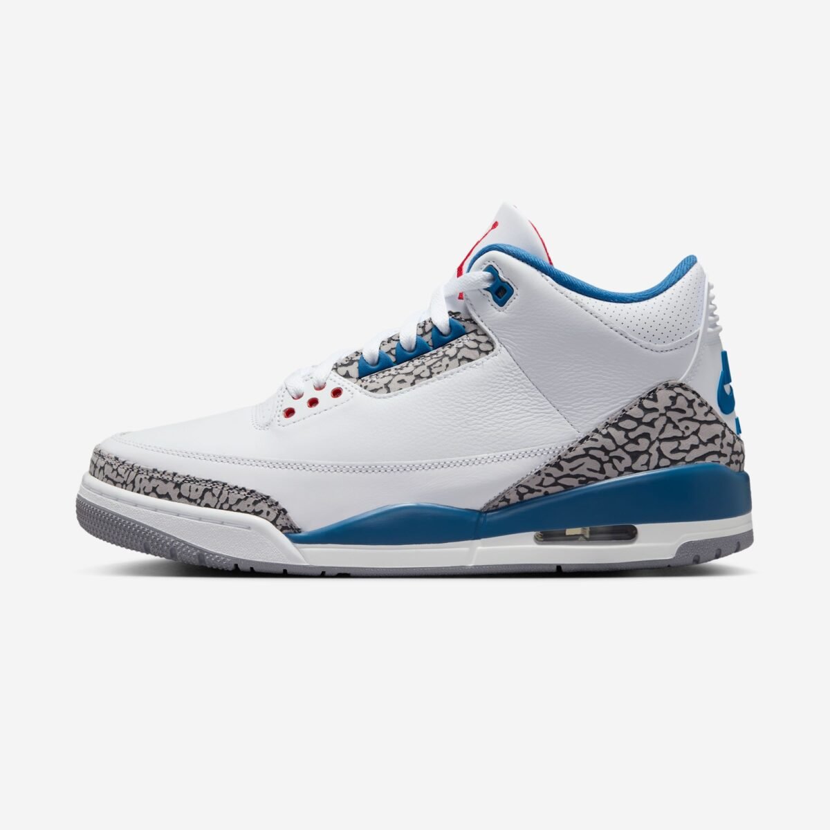 Air Jordan 3 True Blue in white leather with cement grey elephant print and true blue accents, releasing July 2026 - detail view 2