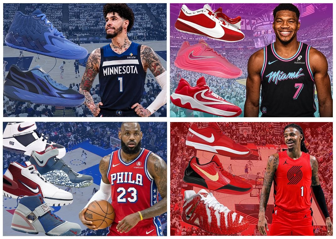 Collection of Nike and Puma signature basketball shoes in team colorways matching new NBA franchises for LeBron James, Jaylen Brown, LaMelo Ball, Ja Morant, and Giannis Antetokounmpo - detail view 1