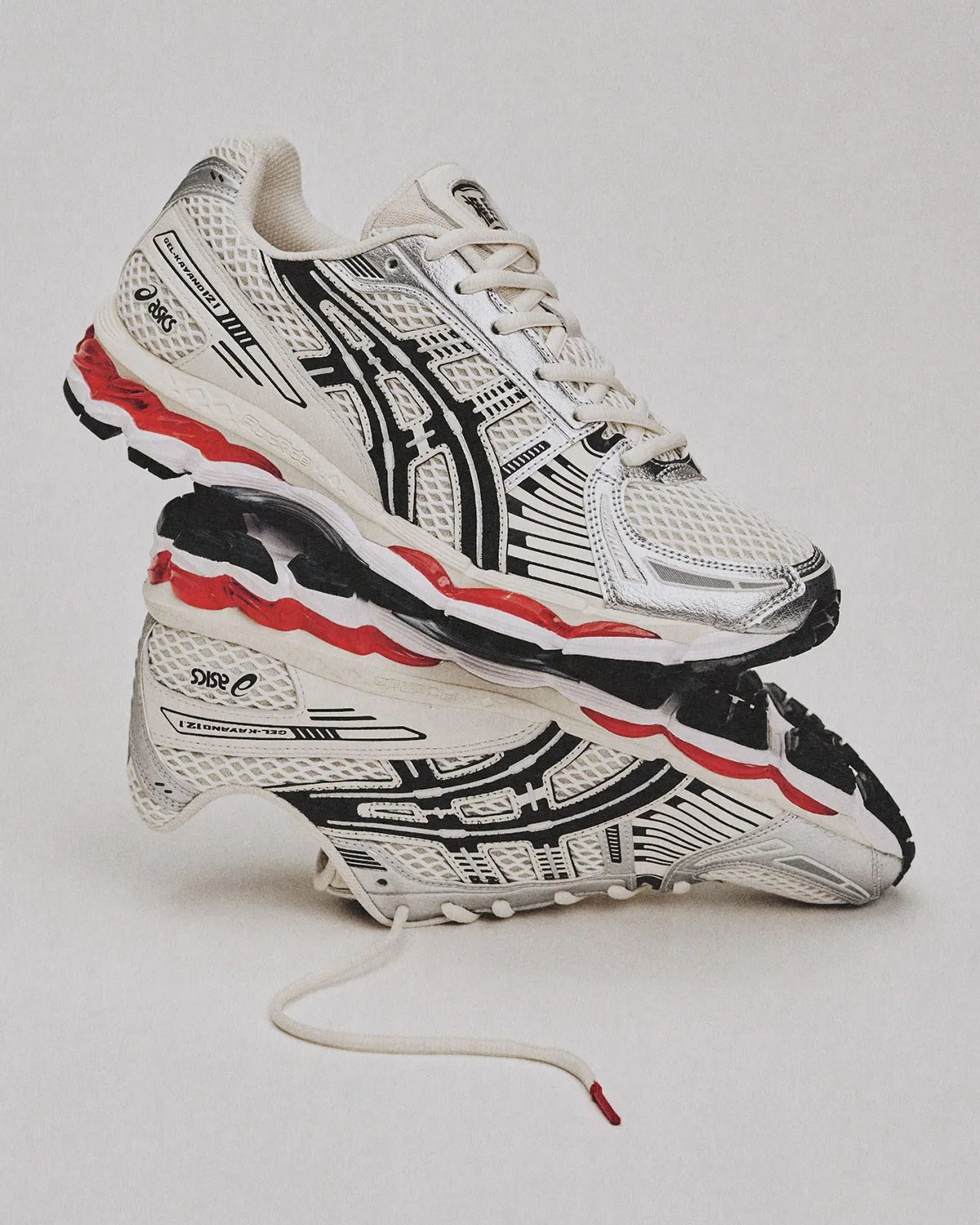 Lapstone & Hammer x ASICS GEL-Kayano 12.1 'The Spark' with diamond knit mesh upper, metallic silver and cream leather panels, and red midsole accents - detail view 3