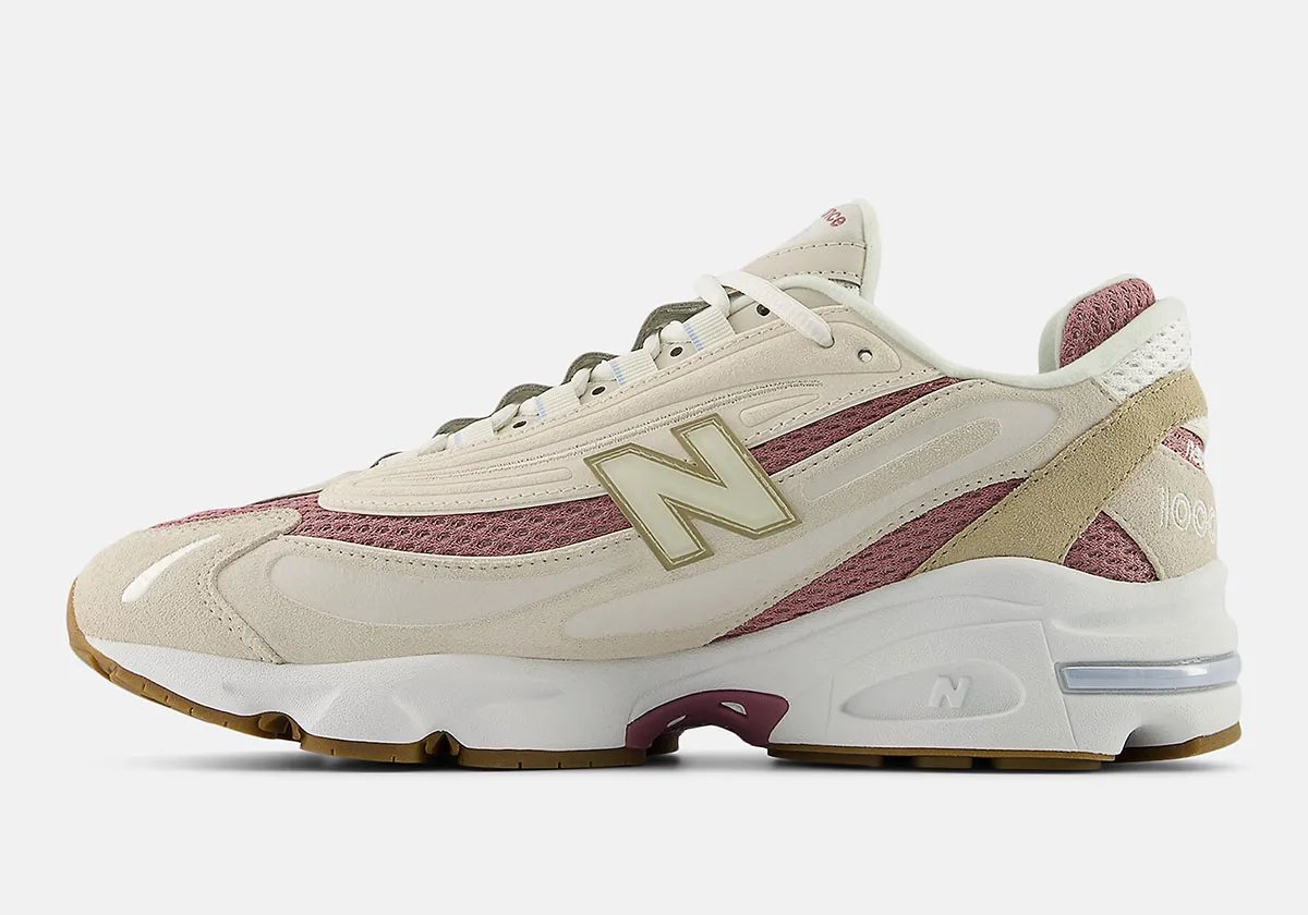 New Balance 1000 Timberwolf colorway featuring muted greige tones with Rosewood accents - detail view 1