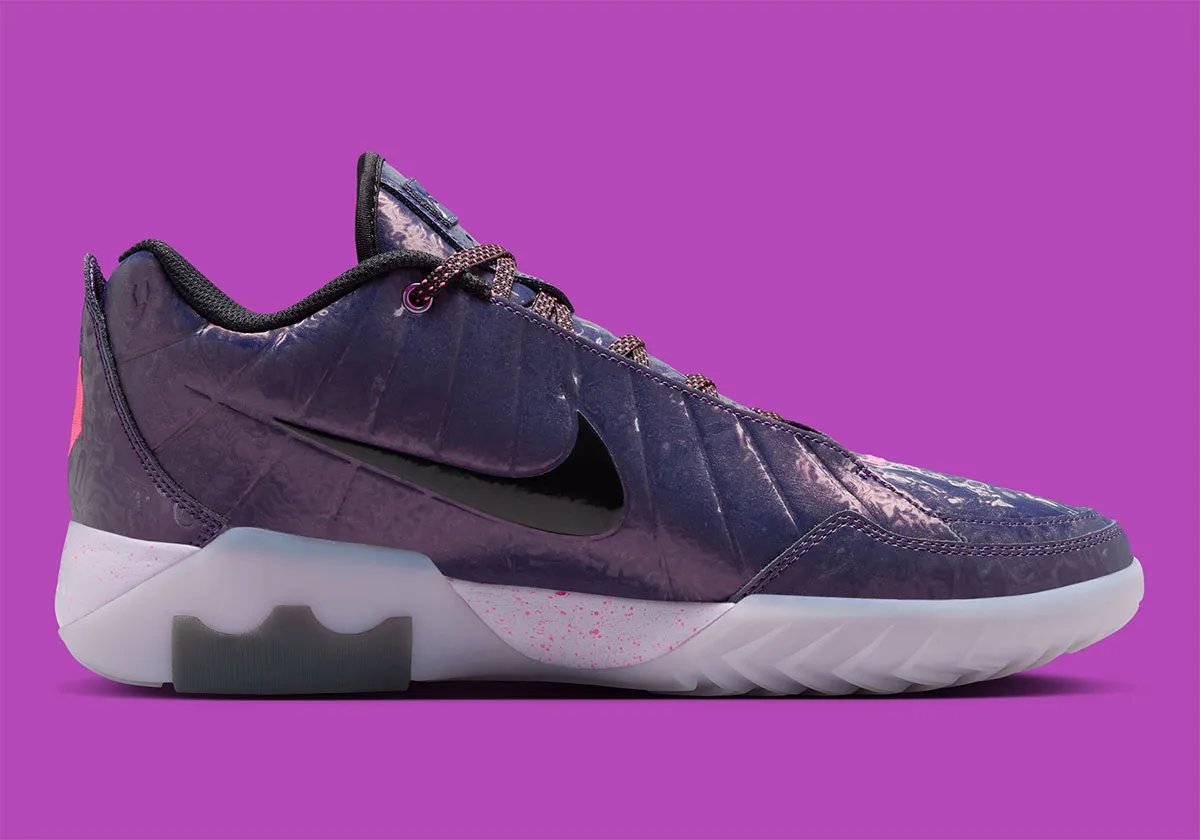 Bronny James Nike LeBron Witness 9 Midnight Navy player exclusive with oil slick textures and neon green and pink Swoosh detailing - detail view 2