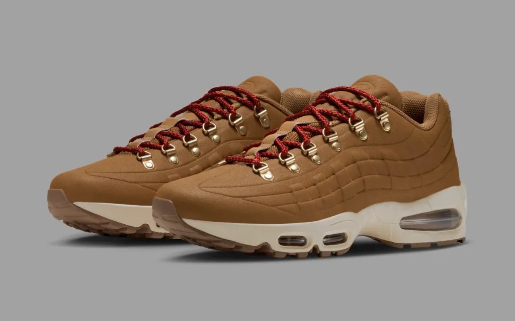 Nike Air Max 95 in wheat colorway, showcasing the curved paneling and visible Air unit