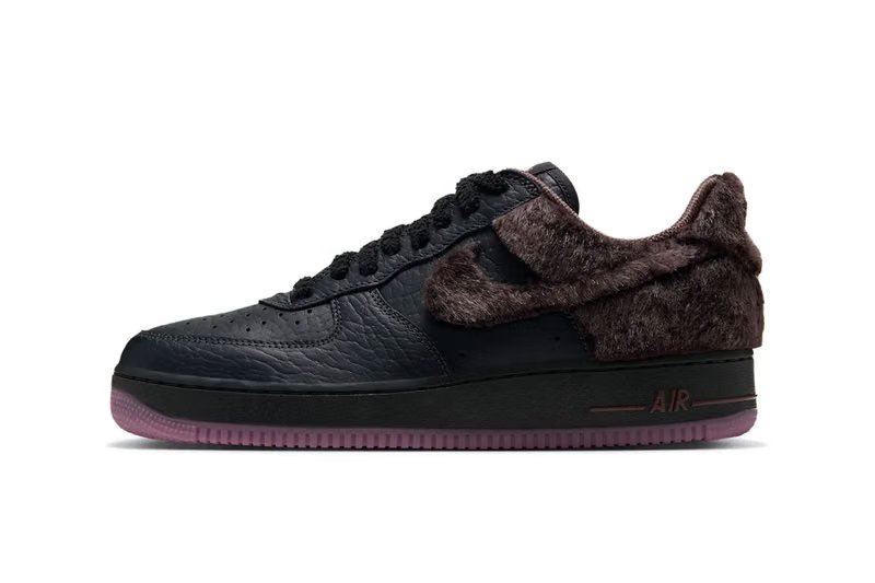 Nike Air Force 1 Low "NYC Rat" in Baroque Brown and black leather with brown faux fur detailing on Swoosh and collar - detail view 2