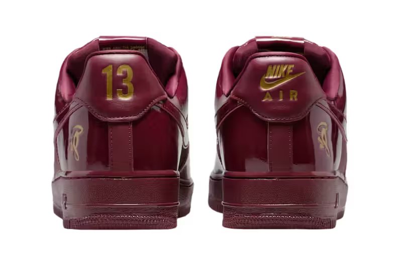 Syna x Nike Air Force 1 '07 Dark Beetroot and Red Oxide colorway with metallic gold accents, lateral view - detail view 5