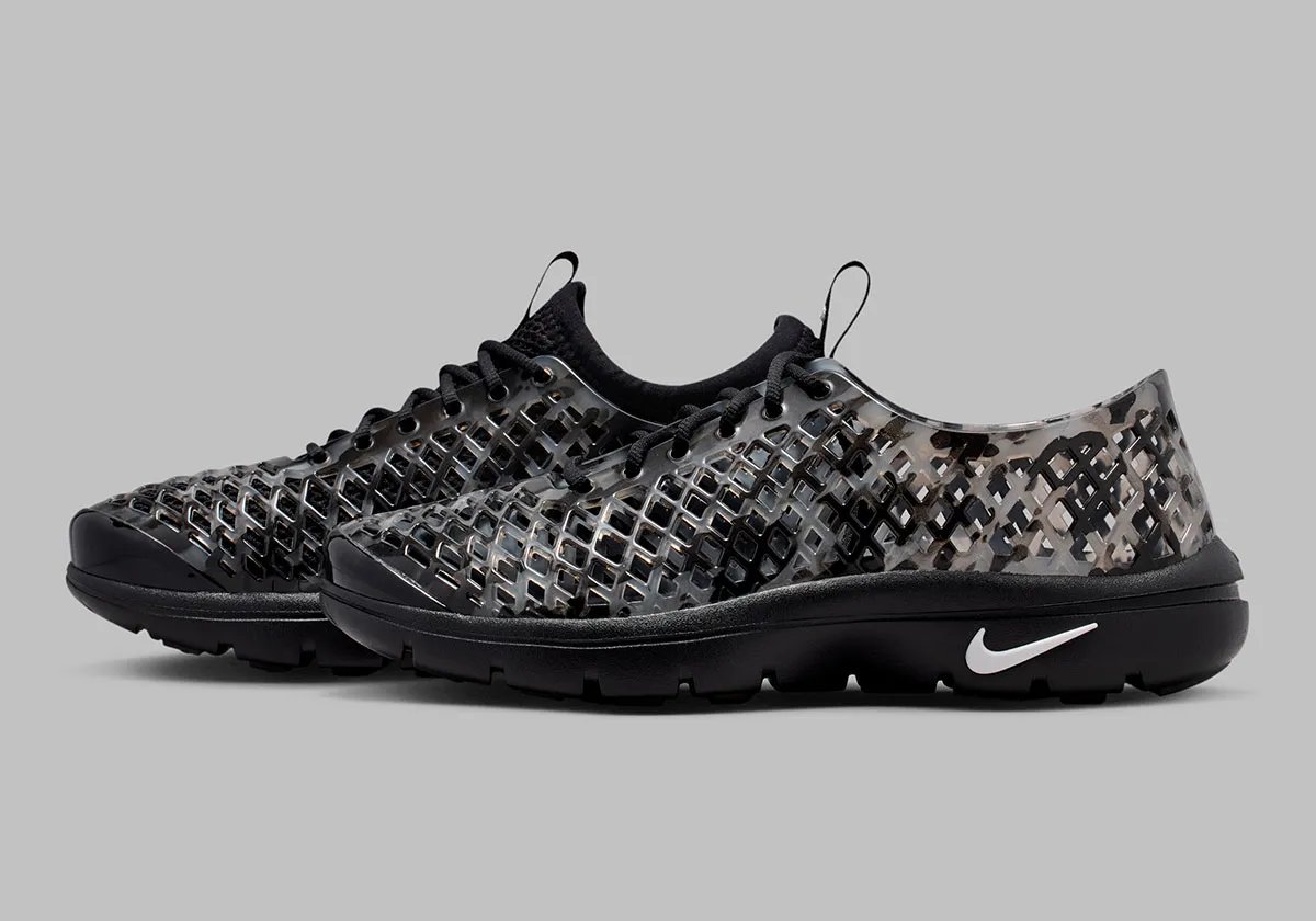Nike Air Rejuven8 Camo Pack in Black/White and Barkroot Brown colorways with semi-opaque material and diamond camo pattern - detail view 1