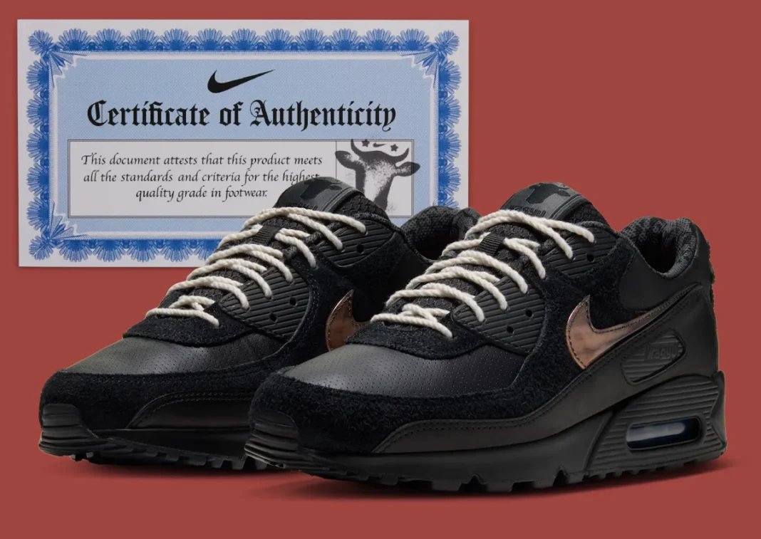 Wagyu x Nike Air Max 90 in black and anthracite with gold accents and hairy suede quarter panel