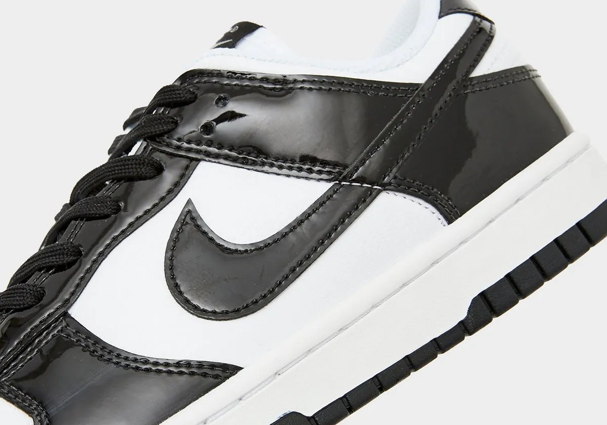 Nike Dunk Low Panda Patent in black patent leather and white leather with glossy finish - detail view 2