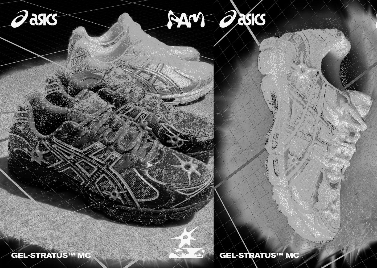 Perks and Mini x Asics Gel-Stratus MC Pack in Graphite Grey and Cream colorways with circle star graphics on toebox and heel - detail view 1