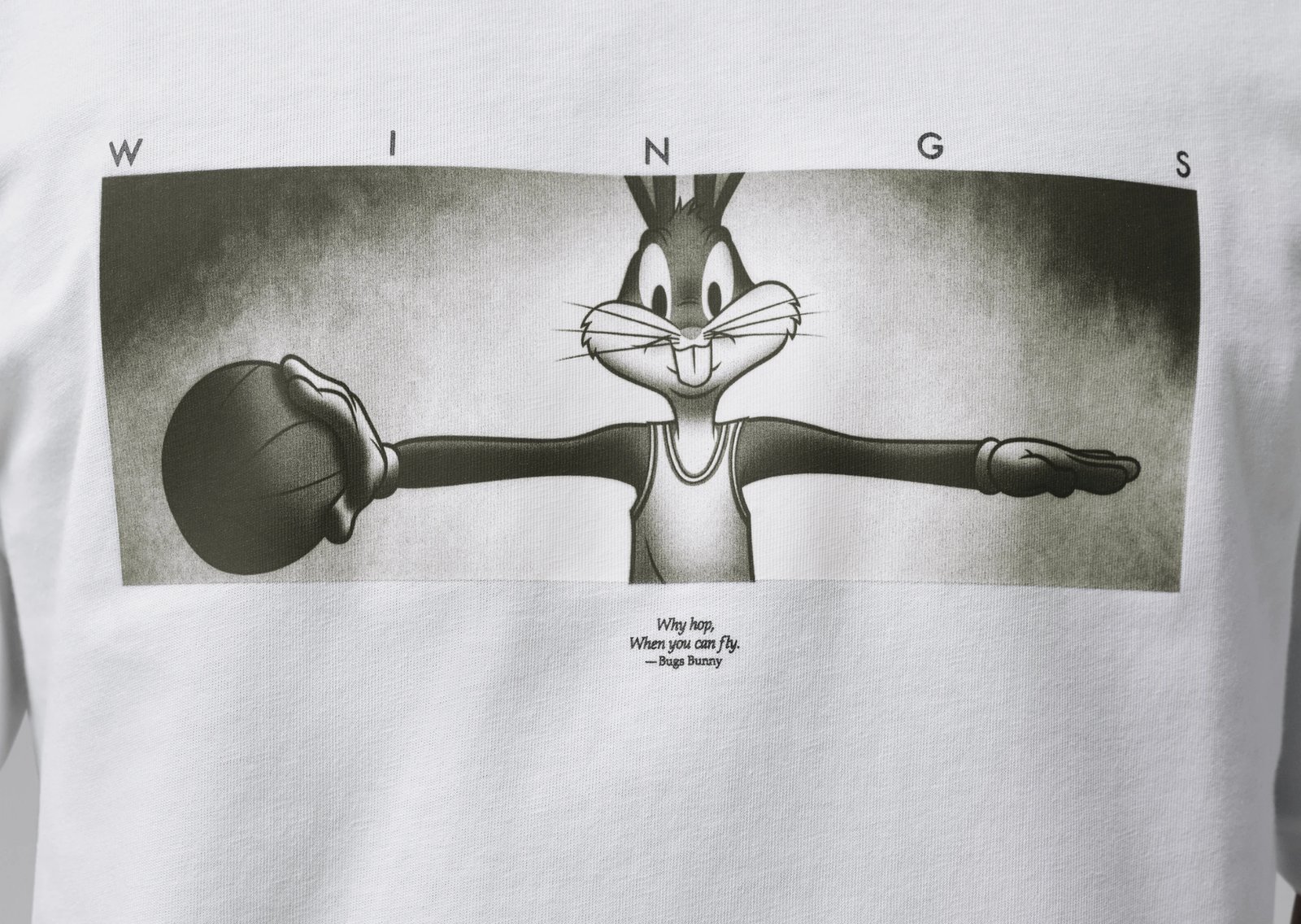 Jordan Brand Space Jam Bugs Bunny Wing T-Shirt in black with outstretched arms graphic and 'Why hop, when you can fly' tagline - detail view 1