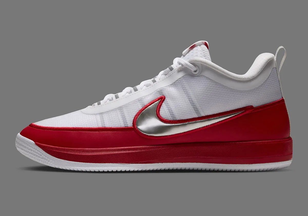 Nike Book 2 Team Bank in University Red, featuring fiery mudguard and mesh backing with silver Swoosh in homage to Tinker Hatfield's Air Max 1 design - detail view 1